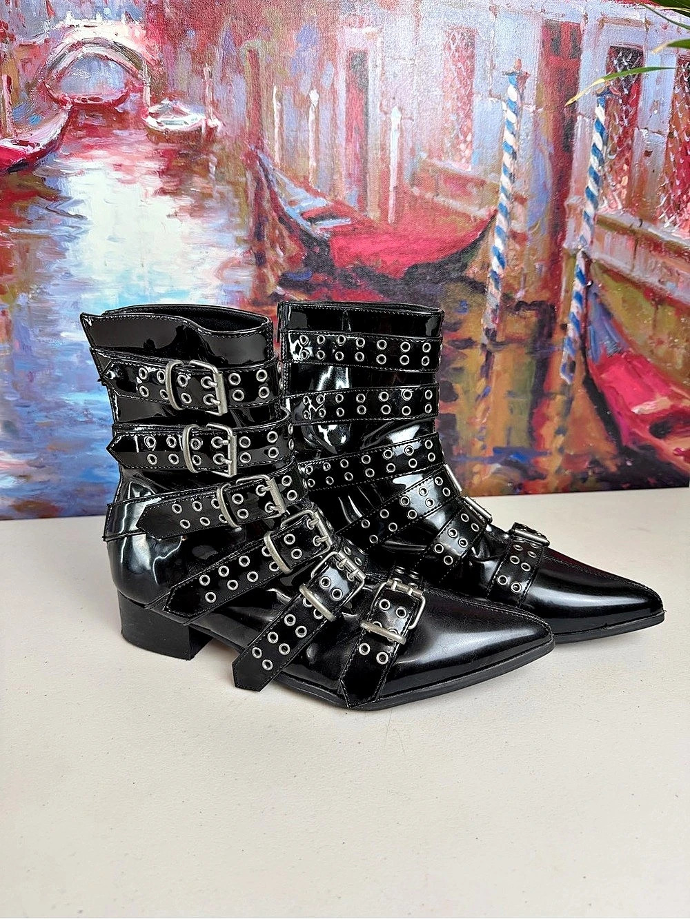 Demonia Warlock-70 Black Patent Gothic Punk Winklepicker Buckle Boots US 10